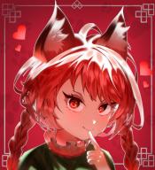 1girl animal_ear_fluff braid cat closed_mouth commentary_request dress fang fang_out finger_to_mouth green_dress hand_up heart highres kaenbyou_rin lips long_hair looking_at_viewer portrait red_background red_eyes red_hair simple_background solo touhou twin_braids yomatsuri_(festival_night) // 1983x2171 // 3.1MB