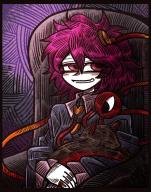 1girl animal black_border blouse blue_shirt border cat eyeball hairband hatching_(texture) heart kaenbyou_rin kaenbyou_rin_(cat) komeiji_satori linear_hatching long_sleeves pink_eyes pink_hair shirt short_hair smile solo suenari_(peace) third_eye touhou wide_sleeves // 720x910 // 201KB