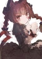 1girl animal_ears black_dress braid cat_ears cat_tail closed_mouth dress highres kaenbyou_rin long_hair long_sleeves looking_at_viewer multiple_tails natsume_suzuri paw_pose red_hair side_braids simple_background sketch solo tail touhou twin_braids two_tails white_background // 1200x1697 // 1.4MB