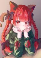1girl animal_ear_fluff animal_ears black_bow blush bow braid cat_ears cat_tail closed_mouth commentary dress extra_ears green_dress hair_bow hands_on_own_face highres kaenbyou_rin long_hair long_sleeves looking_at_viewer multiple_tails nekomata red_eyes red_hair red_ribbon ribbon sleeve_ribbon smile tail takaya_naru touhou twin_braids two_tails // 1447x2039 // 249KB