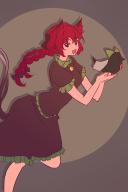 1girl :d animal animal_ears bell bird bow braid cat_ears fang foot_out_of_frame highres holding holding_animal holding_bird jingle_bell johnson_(touhousuki) kaenbyou_rin long_hair multiple_tails nekomata open_mouth red_hair reiuji_utsuho reiuji_utsuho_(bird) skin_fang smile standing standing_on_one_leg tail touhou twin_braids // 800x1200 // 52KB