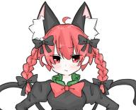 1girl : ahoge animal_ear_fluff animal_ears black_bow bow bowtie braid breasts cat_ears cat_tail commentary_request dress extra_ears fang fang_out frills fumomono glaring grey_dress hair_bow hair_ribbon hands_on_own_hips juliet_sleeves kaenbyou_rin light_blush long_hair long_sleeves medium_breasts multiple_tails nekomata puffy_sleeves red_bow red_bowtie red_eyes red_hair ribbon simple_background skin_fang solo straight-on tail touhou tress_ribbon twin_braids two_tails upper_body white_background // 1106x901 // 108KB
