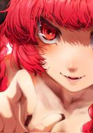 1girl blurry close-up collarbone commentary_request depth_of_field highres kaenbyou_rin looking_at_viewer nuru_himmel open_mouth rating:general red_eyes red_hair red_nails score:5 solo touhou upper_body // 1443x2048 // 280KB