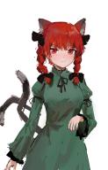 1girl animal_ears braid cat_ears cat_tail closed_mouth dress extra_ears green_dress highres kaenbyou_rin long_sleeves looking_at_viewer medium_hair multiple_tails nekomata no_lineart red_eyes red_hair red_nails reddizen short_sleeves side_braids simple_background smile solo tail touhou twin_braids two_tails white_background // 1095x1696 // 586KB