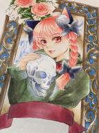 1girl :d animal_ear_fluff animal_ears black_bow blunt_bangs bow braid cat_ears commentary_request dress extra_ears eyelashes green_dress hair_bow hair_ribbon hand_up highres holding holding_skull ikanomati_39 juliet_sleeves kaenbyou_rin light_blush long_hair long_sleeves marker_(medium) open_mouth puffy_sleeves red_eyes red_hair ribbon skull smile solo touhou traditional_media tress_ribbon twin_braids upper_body // 1536x2048 // 543KB