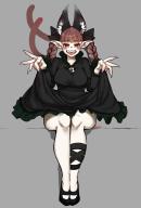 1girl animal_ear_fluff animal_ears black_bow black_dress black_shoes blunt_bangs bow braid cat_ears clothes_lift dress extra_ears fangs fingernails frilled_dress frills full_body grey_background hair_bow highres kaenbyou_rin leg_ribbon long_fingernails long_sleeves mary_janes multiple_hair_bows multiple_tails nekomata open_mouth pointy_ears red_eyes red_hair ribbon sharp_fingernails shoes signature sitting skirt skirt_lift solo tail tenkatorouze touhou twin_braids two_tails // 1394x2048 // 161KB