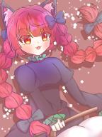 1girl animal_ear_fluff animal_ears black_bow black_dress bow braid brown_background cat_ears cat_girl commentary_request dress hair_bow juliet_sleeves kaenbyou_rin long_sleeves open_mouth puffy_sleeves rarm1813 red_eyes red_hair side_braids solo touhou twin_braids upper_body wheelbarrow // 768x1024 // 109KB