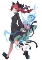 1girl :q absurdres animal_ears black_bow black_dress black_shoes bow braid breasts cat_ears commentary_request dress extra_ears full_body hair_bow highres kaenbyou_rin kararage_tsune long_hair long_sleeves looking_at_viewer red_eyes red_hair shoes simple_background skull small_breasts solo tongue tongue_out touhou twin_braids walking white_background // 1736x2455 // 2.2MB