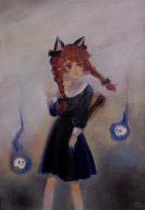 1girl absurdres alternate_costume animal_ears backpack bag black_bow blue_dress blunt_bangs bow braid breasts cat_ears dress floating_skull grey_background hair_bow hair_ribbon hand_up highres hitodama kaenbyou_rin long_hair looking_to_the_side no_tail petite red_eyes red_hair ribbon simple_background small_breasts solo svveetberry touhou tress_ribbon twin_braids very_long_hair // 2590x3715 // 1.9MB