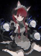 1girl alternate_costume animal_ears apron black_bow black_dress black_shoes blunt_bangs bow braid brooch cat_ears cat_tail closed_mouth dress enmaided extra_ears floating_skull full_body green_ribbon grey_apron hair_bow hands_up highres holding holding_own_hair jewelry juliet_sleeves kaenbyou_rin long_hair long_sleeves looking_at_viewer maid maid_apron maid_headdress multiple_hair_bows multiple_tails on_ground puffy_sleeves rcs_4 red_eyes red_hair ribbon shoes sitting skull smile solo tail touhou twin_braids two_tails wariza // 958x1280 // 258KB