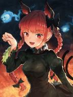 1girl :d animal_ear_fluff animal_ears black_bow bow braid cat_day cat_ears cat_tail dress extra_ears fire ghost green_dress highres hitodama kaenbyou_rin lava looking_at_viewer multiple_tails open_mouth paw_pose ponpochi puffy_sleeves red_eyes red_hair skull smile sparks tail touhou twin_braids two_tails // 1500x2000 // 347KB