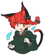 1girl animal_ears blush bow braid cat_ears cat_girl cat_tail commentary fang green_shirt hair_bow highres ini_(inunabe00) kaenbyou_rin long_sleeves medium_hair nekomata open_mouth pointy_ears puffy_sleeves red_eyes red_hair shirt simple_background smile solo tail touhou twin_braids upper_body white_background // 1014x1214 // 101KB