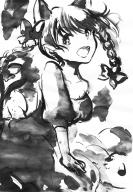 1girl :d animal_ears bow braid breasts cat_ears chidori_nekoro dress extra_ears greyscale hair_bow hair_ribbon kaenbyou_rin leaning_forward long_hair looking_to_the_side medium_breasts monochrome open_mouth pointy_ears ribbon skull smile solo swept_bangs touhou tress_ribbon twin_braids // 800x1154 // 224KB
