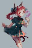 1girl animal_ears blurry bow braid cat_ears cat_tail depth_of_field dress extra_ears green_bow green_dress grey_background highres kaenbyou_rin multiple_tails non-web_source pointy_ears puffy_short_sleeves puffy_sleeves red_eyes red_hair short_sleeves simple_background sketch solo source_request tail touhou tsurime twin_braids two_tails // 1384x2048 // 383KB