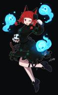 1girl :3 ;d absurdres animal_ears asutoro_(s--t) black_background black_bow black_shoes blunt_bangs bow braid cat_ears cat_tail commentary dress fire flaming_skull floating_skull foot_up frilled_dress frills full_body green_dress hair_bow hand_up highres kaenbyou_rin long_sleeves looking_at_viewer medium_hair multiple_tails one_eye_closed open_mouth outline red_eyes red_hair red_nails shoes signature simple_background skull smile solo tail touhou twin_braids two_tails white_outline // 2493x4068 // 615KB