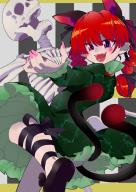 1girl :d animal_ears bone bow braid cat_ears cat_tail dancing dress extra_ears footwear_bow fufuyomumusu green_dress hair_bow highres kaenbyou_rin leg_ribbon multiple_tails nail_polish nekomata open_mouth pink_nails pointy_ears red_eyes red_hair ribbon sharp_teeth shoes skeleton smile solo striped_background tail teeth touhou twin_braids two_tails // 1280x1800 // 257KB
