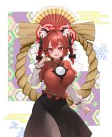 1girl absurdres animal_ear_fluff animal_ears black_bow black_skirt blunt_bangs bow braid breasts cat_ears commentary_request cosplay extra_ears fingernails hair_bow highres kaenbyou_rin large_breasts layered_sleeves long_eyelashes long_fingernails long_sleeves looking_at_viewer open_mouth pink_nails red_eyes red_hair red_shirt rope shimenawa shirt short_hair short_over_long_sleeves short_sleeves skirt slit_pupils smile solo sugar_you touhou twin_braids yasaka_kanako yasaka_kanako_(cosplay) // 6542x8000 // 17MB