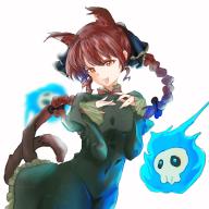 1girl :d animal_ears bow braid cat_ears cat_tail chinese_commentary commentary_request dress fang floating_skull green_dress hair_bow highres hitodama kaenbyou_rin long_sleeves multiple_tails open_mouth red_eyes red_hair skull smile solo tail tongue tongue_out touhou twin_braids yvetter // 2048x2048 // 1.8MB