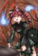 1girl :d animal_ears bare_legs braid breasts brown_background cat_ears cat_tail cowboy_shot dress extra_ears green_dress hair_ribbon highres hitodama holding juliet_sleeves kaenbyou_rin kataba_(user_vdek5387) leaning_forward legs_apart long_hair long_sleeves medium_breasts multiple_tails nekomata open_mouth petticoat puffy_sleeves red_eyes red_hair red_ribbon ribbon simple_background smile solo tail tail_raised touhou tress_ribbon twin_braids two_tails wheelbarrow // 1440x2128 // 1.4MB