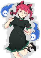 1girl :3 animal_ear_fluff animal_ears black_dress black_footwear black_ribbon blunt_bangs braid bright_pupils cat_ears cat_girl closed_mouth commentary_request dress grey_background highres hitodama kaenbyou_rin leg_ribbon leg_up looking_at_viewer medium_hair red_eyes red_hair red_nails ribbon sakamoto_fred short_sleeves side_braids touhou twin_braids white_pupils // 853x1204 // 382KB