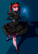 1girl animal_ears bad_anatomy bad_perspective black_bow blue_background blue_fire blunt_bangs blush bow braid breasts cat_ears circle_skirt closed_mouth commentary_request covered_collarbone dress enajii extra_ears fire floating_hair footwear_bow frills from_above from_side full_body glowing glowing_eyes gradient_background green_dress hair_bow hair_ribbon hand_on_own_hip highres hitodama juliet_sleeves kaenbyou_rin leg_ribbon legs_apart light_smile long_hair long_sleeves looking_ahead medium_breasts no_socks outstretched_arm pointy_ears puffy_sleeves red_eyes red_hair ribbon see-through_clothes shadow simple_background skull solo standing touhou tress_ribbon twin_braids twintails // 1111x1572 // 106KB