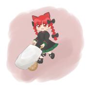 1girl :d animal_ears blunt_bangs bow braid cat_ears cat_tail chibi dress full_body hair_bow kaenbyou_rin kigoto5 looking_at_viewer mini_person minigirl open_mouth red_eyes red_hair simple_background smile solo tail touhou twin_braids twintails wheelbarrow // 750x730 // 29KB