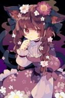 1girl :3 alternate_costume animal_ear_fluff animal_ears black_bow blunt_bangs bow braid cat_ears cat_tail cherry_blossom_print closed_mouth cowboy_shot dress eyebrows_hidden_by_hair floral_print flower forked_tail hair_bow hair_flower hair_ornament hand_up highres kaenbyou_rin long_sleeves looking_at_viewer nekomata nikorashi-ka one-hour_drawing_challenge pink_dress pink_flower red_eyes red_hair solo tail touhou twin_braids white_flower // 1365x2048 // 302KB