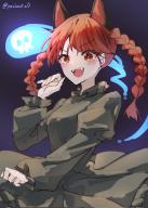 1girl :d animal_ears artist_name blush braid cat_ears dark_background dress extra_ears fangs green_dress highres hitodama kaenbyou_rin one-hour_drawing_challenge open_mouth pointy_ears puffy_sleeves purple_background red_eyes red_hair signature sketch skull smile touhou twin_braids yasimotw0 // 1463x2048 // 274KB