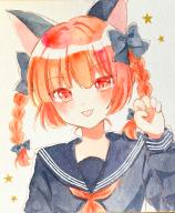 1girl absurdres alternate_costume animal_ears black_sailor_collar blush cat_ears cat_girl commentary_request highres kaenbyou_rin looking_at_viewer medium_hair painting_(medium) red_eyes red_hair sailor_collar school_uniform shikishi simple_background solo star_(symbol) tongue tongue_out touhou traditional_media upper_body utako_(kuromosuki) watercolor_(medium) white_background // 2892x3499 // 1.6MB