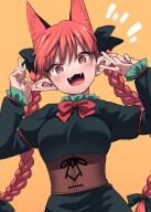 1girl :d absurdres animal_ears arms_up black_bow black_dress bow bowtie braid breasts brown_corset cat_ears commentary_request corset double_v dress extra_ears fangs fuuzasa hair_bow highres horizontal_pupils kaenbyou_rin large_breasts long_hair long_sleeves looking_at_viewer open_mouth orange_background pointy_ears red_bow red_bowtie red_eyes red_hair simple_background smile solo touhou twin_braids upper_body v // 1776x2485 // 1.8MB