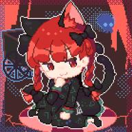 1girl :3 animal_ear_fluff animal_ears black_bow black_dress blunt_bangs blush bow cat_ears cat_tail commentary_request dress extra_ears floating_skull full_body gakubutiudonn449 hair_bow hair_ribbon hand_to_own_mouth hand_up hitodama kaenbyou_rin multiple_tails nekomata no_socks outline pixel_art red_eyes red_hair ribbon sitting solo tail touhou tress_ribbon two_tails v-shaped_eyebrows wariza wheelbarrow white_outline // 1112x1112 // 108KB