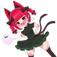 1girl :d blunt_bangs braid breasts cat_tail chibi dress fang green_dress hands_on_own_hips heart heart_in_mouth kaenbyou_rin looking_at_viewer medium_breasts multiple_tails nekomata open_mouth red_eyes red_hair skin_fang smile solo tail thighhighs thighs touhou twin_braids two_tails // 1080x1080 // 403KB