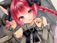 1girl :d adapted_costume animal_ears bare_shoulders black_bow black_bowtie black_nails blunt_bangs blush bow bowtie braid breasts cat_ears cat_tail commentary_request detached_sleeves dress dutch_angle earrings extra_ears eyebrows_hidden_by_hair eyes_visible_through_hair fang floating_earrings frilled_shirt_collar frilled_sleeves frills grey_background grey_dress hair_bow hands_up happy heart heart_earrings highres jewelry kaenbyou_rin large_breasts long_hair long_sleeves looking_at_viewer multiple_tails nail_polish natsume_nadeshiko nekomata open_mouth paw_pose pink_eyes raised_eyebrows red_eyes simple_background skin_fang sleeves_past_wrists smile solo swept_bangs tail touhou traditional_media twin_braids two_tails upper_body very_long_hair // 2048x1536 // 572KB