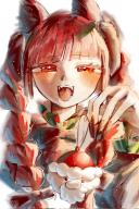 1girl animal_ears blush braid cat_ears cat_girl christmas commentary_request highres kaenbyou_rin kuraageru1600 long_hair looking_at_viewer open_mouth santa_claus side_braids simple_background solo touhou twin_braids upper_body white_background // 1370x2048 // 407KB