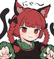 1girl :3 animal_ears black_bow blunt_bangs blush bow braid cat_ears cat_girl closed_mouth commentary_request hair_bow hari_oekaki highres kaenbyou_rin looking_at_viewer rating:general red_eyes score:2 side_braids simple_background solo touhou translation_request twin_braids upper_body white_background // 1883x2048 // 1.3MB