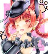 1girl ;3 ;d alternate_costume animal_ears black_hat blush braid breasts cat_day cat_ears cat_girl cat_tail earrings extra_ears frills grey_nails hashtag-only_commentary hat heart heart_tail jewelry kaenbyou_rin kaenbyou_rin_(pikara_flame) large_breasts looking_at_viewer multiple_tails nekofish666 one_eye_closed open_mouth pink_background red_hair side_braids smile solo tail touhou touhou_lostword traditional_media twin_braids twitter_username two_tails upper_body // 900x1011 // 254KB