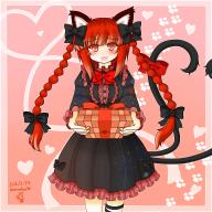 1girl animal_ears bow box braid cat_ears cat_tail gift gift_box hair_bow happy_valentine heart heart_tail highres holding holding_gift incoming_gift kaenbyou_rin mizuki_ruu193 multiple_tails nekomata pink_background red_eyes red_hair solo tail tail_bow tail_ornament touhou twin_braids two_tails valentine // 2000x2000 // 1.9MB
