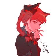 1girl :p animal_ears artist_name black_bow black_dress bow braid cat_ears dress fingernails frilled_dress frills from_side hair_bow hand_up highres kaenbyou_rin licking licking_finger long_hair red_eyes red_hair ringo_orihara sharp_fingernails sideways_glance simple_background sketch solo tongue tongue_out touhou twin_braids upper_body white_background // 2000x2000 // 277KB