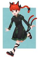 1girl :d absurdres animal_ears black_bow black_dress black_shoes blush bow braid cat_ears cat_girl cat_tail commentary_request dress frilled_dress frilled_sleeves frills full_body hair_bow highres juliet_sleeves kaenbyou_rin long_hair long_sleeves looking_at_viewer meis_(terameisu) multiple_tails open_mouth puffy_sleeves red_eyes red_hair running shoes smile solo tail touhou twin_braids two_tails v-shaped_eyebrows // 1682x2421 // 1.7MB