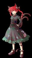 1girl alphes_(style) animal_ears blush bow braid cat_ears cat_tail commentary_request dairi dress extra_ears floral_print full_body green_dress hair_bow hand_on_own_hip highres kaenbyou_rin large_variant_set legs_apart long_hair multiple_tails parody red_hair solo standing style_parody tachi-e tail tail_raised touhou transparent_background twin_braids variant_set // 718x1300 // 485KB