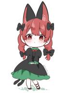 1girl animal_ears aoringo_orin black_bow black_footwear bow cat_ears cat_girl cat_tail extra_ears full_body hair_bow juliet_sleeves kaenbyou_rin long_sleeves looking_at_viewer multiple_tails puffy_sleeves red_eyes simple_background solo standing tail touhou twitter_username two_tails white_background // 691x922 // 55KB