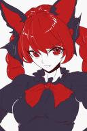 1girl absurdres animal_ears breasts cat_ears commentary_request dress fang fang_out grey_dress highres kaenbyou_rin looking_at_viewer medium_breasts one-hour_drawing_challenge red_eyes red_hair simple_background solo touhou upper_body white_background yomoyomo // 2000x3000 // 1.7MB