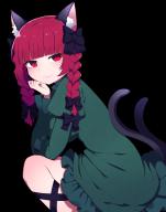 1girl :3 absurdres animal_ears black_bow blunt_bangs bow braid cat_ears cat_tail dress green_dress hair_bow highres kaenbyou_rin multiple_tails red_eyes red_hair solo tail touhou transparent_background two_tails you_(noanoamoemoe) // 2193x2784 // 2.4MB