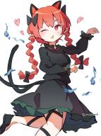 1girl animal_ears ar_(maeus) black_bow black_ribbon black_shirt black_shoes black_skirt bow braid cat_ears cat_girl cat_tail commentary extra_ears fang hair_bow heart highres kaenbyou_rin leg_ribbon long_sleeves multiple_tails one_eye_closed pointy_ears red_eyes red_hair ribbon shirt shoes side_braids simple_background skin_fang skirt solo tail touhou twin_braids twitter_username two_tails white_background // 943x1258 // 151KB