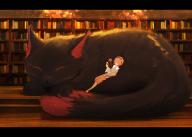 1girl absurdres animal barefoot blouse blue_shirt book bookshelf buttons closed_eyes commentary_request eyeball full_body hair_ornament hairband heart heart_hair_ornament heart_of_string highres holding holding_book indoors kaenbyou_rin kaenbyou_rin_(cat) komeiji_satori letterboxed long_hair medium_skirt oversized_animal pink_hair pink_skirt reading senzaicha_kasukadoki shirt short_hair skirt sleeping third_eye toes touhou wide_sleeves // 3900x2800 // 5.2MB