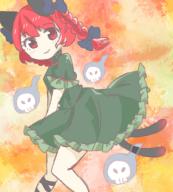 1girl animal_ears blue_bow blue_fire bow braid cat_ears cat_tail closed_mouth commentary_request dress feet_out_of_frame fire floating_skull green_dress hair_bow hair_ribbon highres kaenbyou_rin knees_together_feet_apart light_blush light_smile long_hair looking_at_viewer multiple_tails nekomata one-hour_drawing_challenge orange_background partial_commentary red_eyes red_hair ribbon salt_(saltty) simple_background solo tail touhou tress_ribbon twin_braids two_tails v_arms // 1104x1220 // 1.1MB