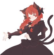1girl ;3 animal_ears black_bow blush bow braid cat_ears cat_tail dress hair_bow hair_over_shoulder highres kaenbyou_rin laridaee light_blush light_smile long_hair long_sleeves looking_at_viewer multiple_tails nekomata one_eye_closed outstretched_arm puffy_sleeves red_eyes red_hair simple_background solo tail touhou twin_braids two_tails white_background // 1470x1513 // 500KB