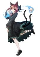 1girl absurdres animal_ears black_footwear black_ribbon braid cat_ears cat_girl cat_tail closed_mouth commentary_request full_body green_eyes highres holding holding_skull kaenbyou_rin leg_ribbon long_sleeves looking_at_viewer medium_hair multiple_tails nekomata red_eyes red_hair ribbon side_braids simple_background skull solo standing standing_on_one_leg tail touhou twin_braids two_tails white_background yuki_hishaku // 2894x4093 // 2.0MB
