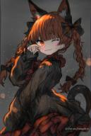 1girl ;3 animal_ear_fluff black_bow black_dress blunt_bangs blush bow braid closed_mouth commentary dress grey_background hair_bow harutoyumaarts highres kaenbyou_rin long_hair long_sleeves looking_at_viewer one_eye_closed red_eyes side_braids simple_background smile touhou twin_braids twitter_username // 1378x2048 // 1.6MB