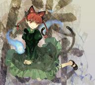 1girl animal_ears black_bow black_footwear bow braid cat_ears cat_girl cat_tail closed_mouth commentary_request dress extra_ears fang footwear_bow full_body gradient_clothes gradient_dress green_dress grey_background hair_bow hidari_(left_side) hitodama juliet_sleeves kaenbyou_rin long_sleeves medium_hair multiple_tails nekomata puffy_sleeves red_eyes red_hair side_braids skull solo tail touhou twin_braids two_tails // 996x900 // 205KB